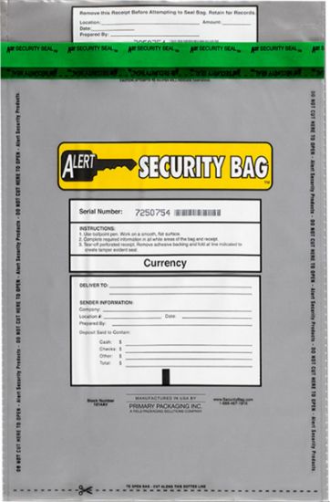 Alert Security bank deposit bag with tamper evident technology.