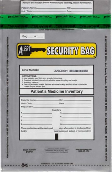Alert Security patient's medicine bag with tamper evident technology.