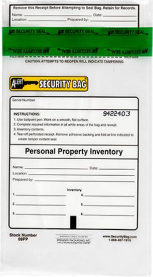 Alert Security personal property bag with tamper evident technology.