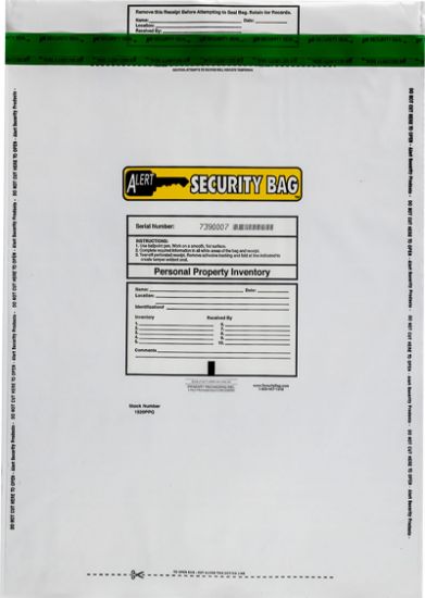 Alert Security personal property bag with tamper evident technology.
